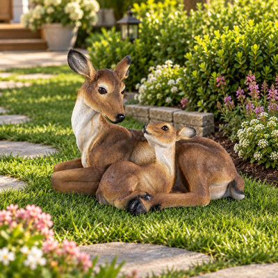 Statue de jardin de 38 cm (15 pouces) représentant une biche et son faon, en résine brune