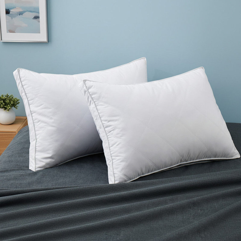 Set of 2 Gusset Goose Feathers Bed Pillows Peach Skin Cover, Standard Size Bed Pillows, Standard