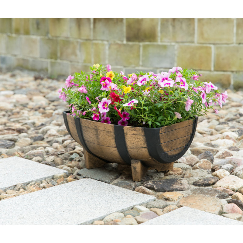 Rustic Brown and Black Plastic Half Barrel Planter Set