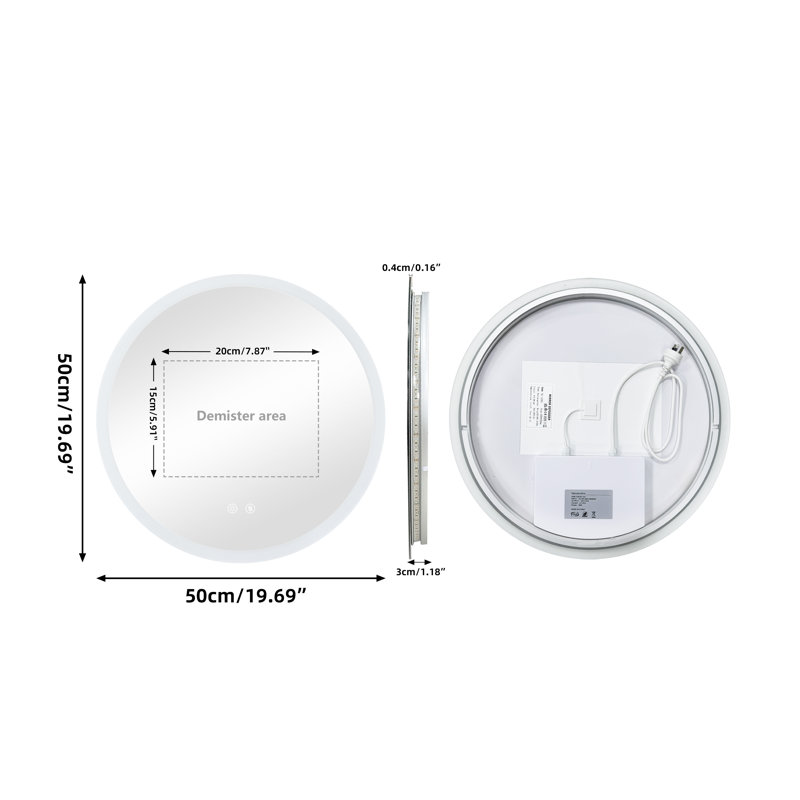 Round Lighted Wall Mounted Bathroom Mirror, 50 cm H x 50 cm W