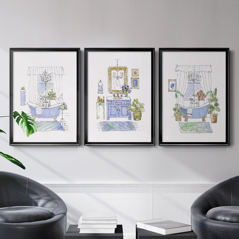 «Sketchy Bath I», ensemble de 3 reproductions d'art, H 26,5 po x l 109,5 po x P 1,5 po, Toile avec cadre noir