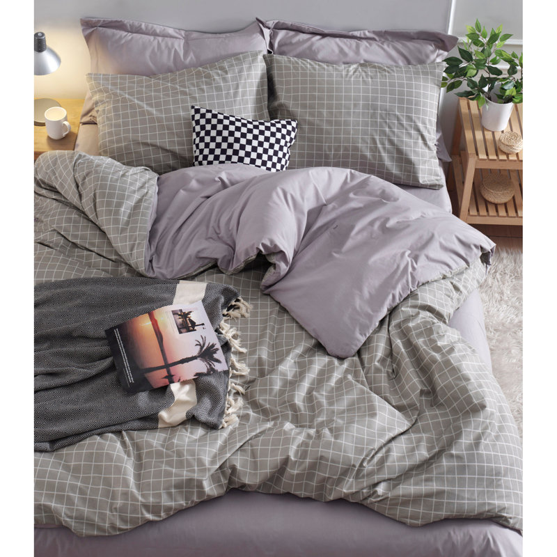 Ensemble de housse de couette 100% coton gris Emelia, Housse de couette très grand + 2 taies d'oreiller