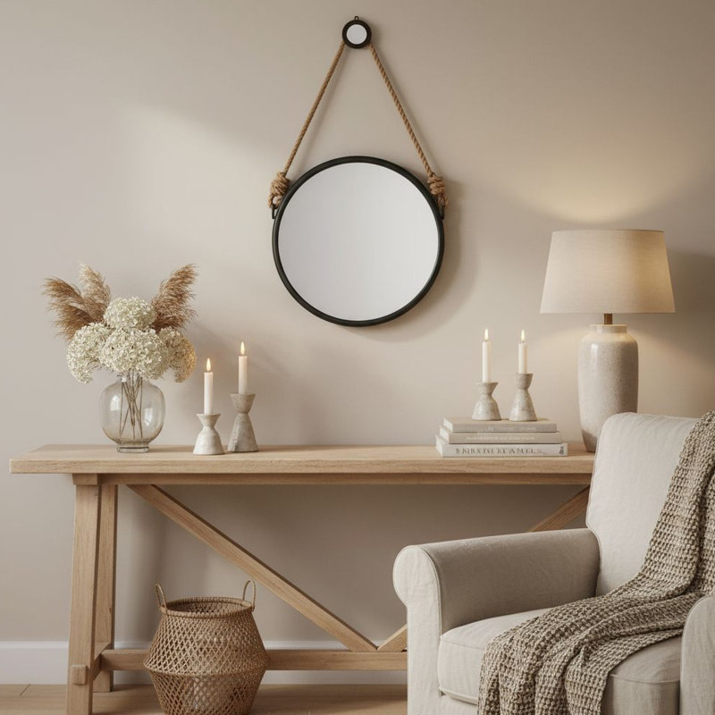 Miroir rond en fer avec support en corde