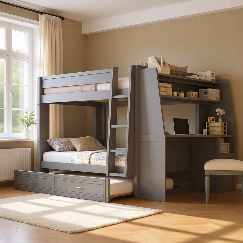 Full Size Multifunctional Bunk Bed with Desk, Bookshelves, and Trundle, Space-Saving Wooden Loft Bed with Storage and Study Area for Kids or Teens