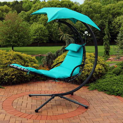 Cave Spring Steel Hanging Chaise Lounge Chair with Stand and Canopy - Set of 2 - Teal