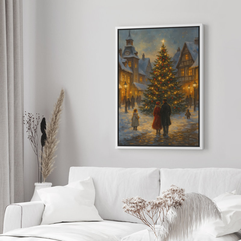 Arbre de Noël romantique, place de ville en hiver, scène de soirée encadrée sur toile, art mural, Blanc