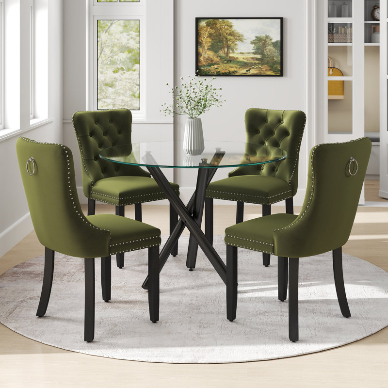 Ensemble de table ronde en verre, 5, Vert olive
