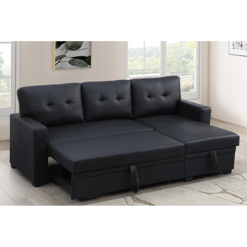 Convertible Upholstered 4 - Seat Sectional With Pull Out Chaise And Storage In Black Linen, Removable Back Cushions, Twin Size Sleeper For Hosting Guests, 82 Wide, 53 Deep, 34.5 High, 190.5 Lb