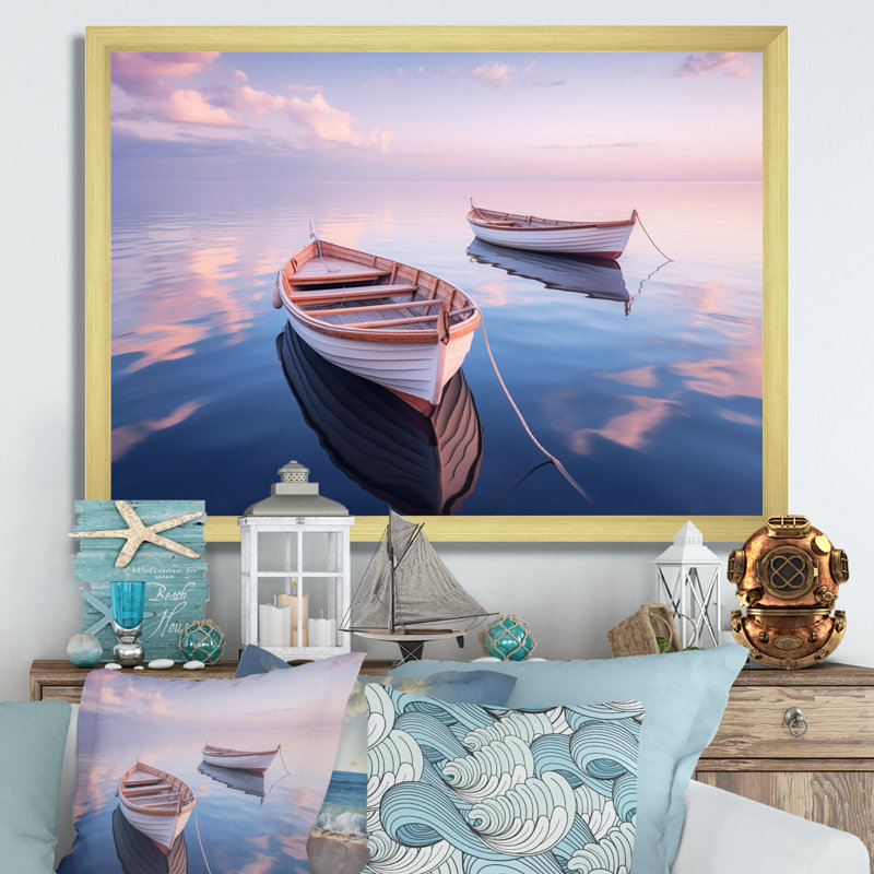 «Dinghy Boat Tranquility Pastel Sunset» sur toile, Cadre photo doré simple, H 16 po x l 32 po x P 1 po