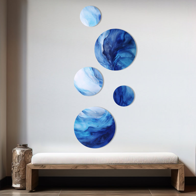 «Blue Emotional Tachisme Waves 2», ensemble d'art mural rond de 5 tachisme