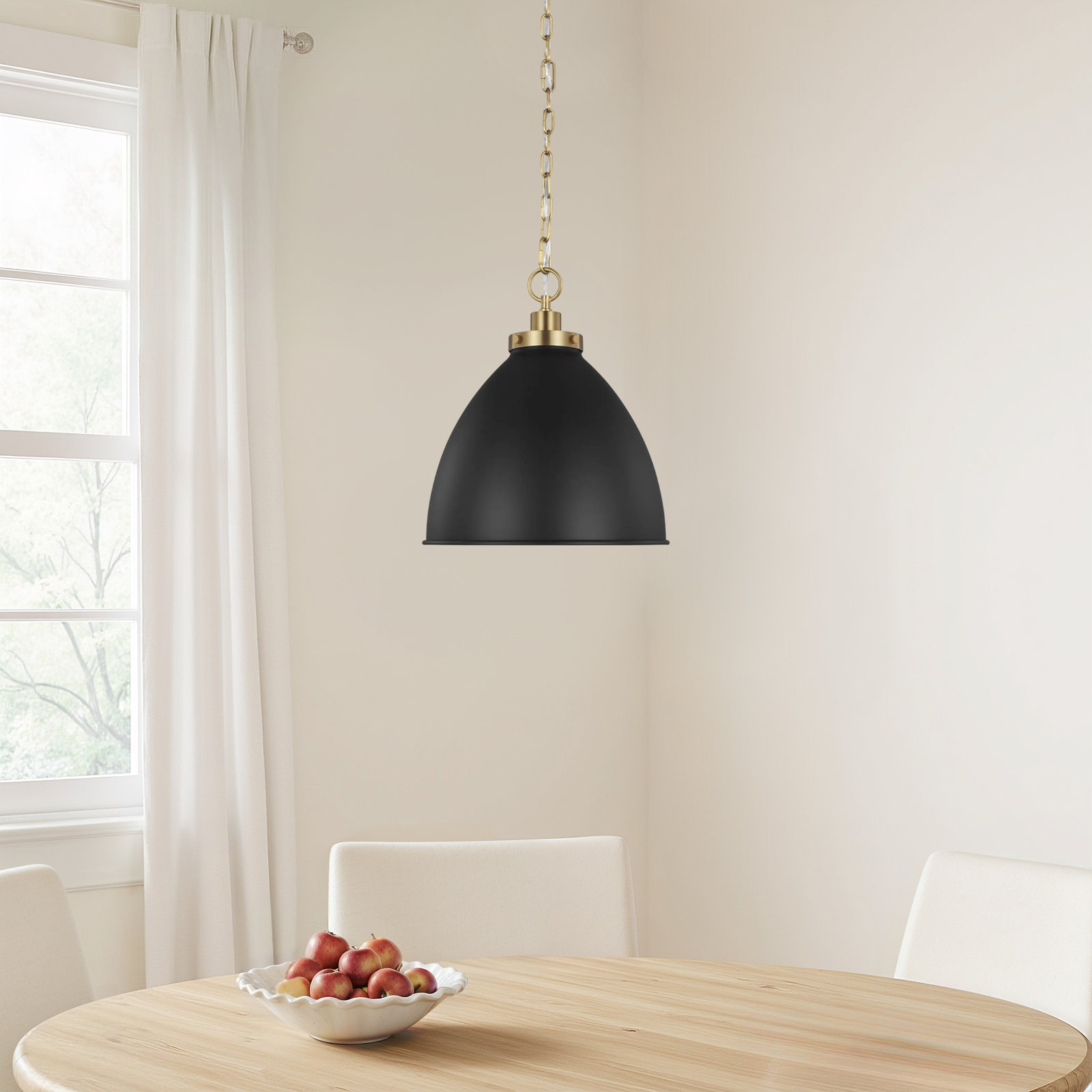Single Light Metal Dimmable Pendant, Burnished Brass, Midnight Black, 13.5" H x 15.625" W x 15.625" D