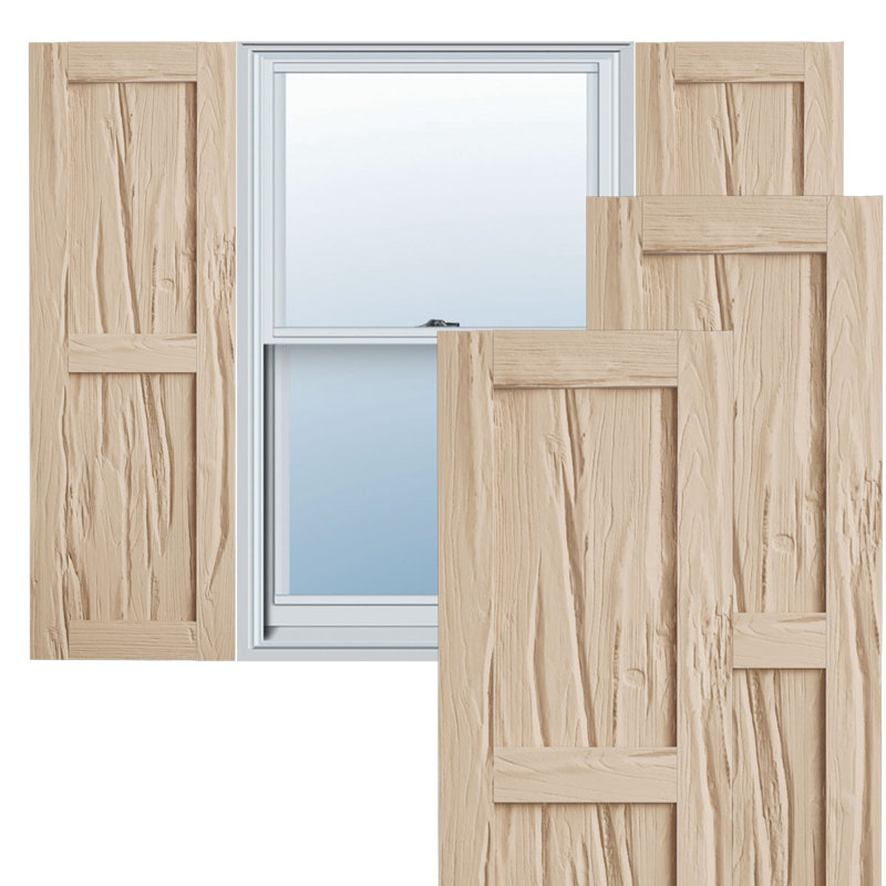 Rustic Two Equal Panel Flat Panel Faux Wood Shutters (Per Pair), Riverwood Texture/Primed Tan, 12", 60"
