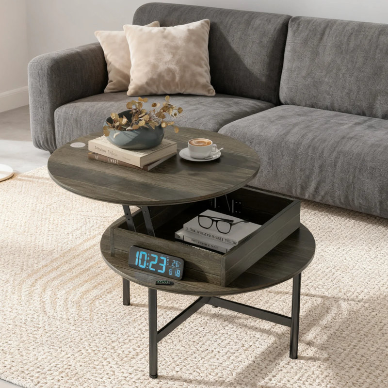 Giles Lift Top Round Coffee Table With Storage For Living Room And Home Office, Gray