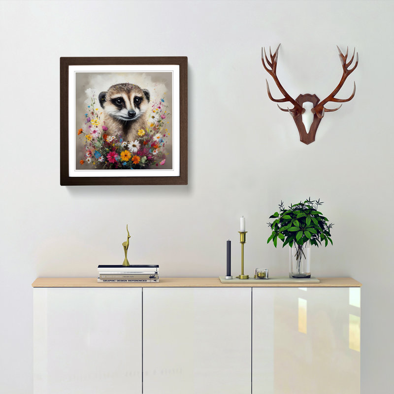 Meerkat Floral Art - Single Picture Frame Print on Wood, Walnut