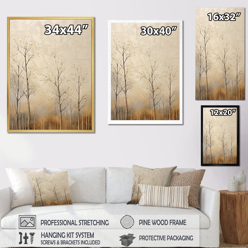 Harmonous Beige Tree Art III, reproduction d'art sur toile, Cadre naturel flottant, H 32 po x l 24 po