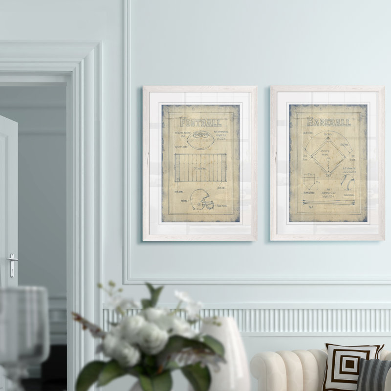 «All about the Game I», ensemble de 2 reproductions d'art encadrées, H 24 po x l 18 po x P 1,25 po, Cadre blanc, Blanc
