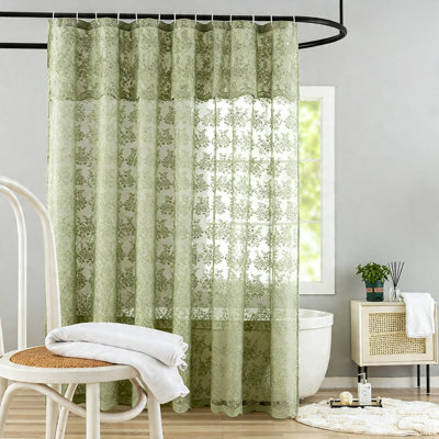 Vintage Lace Shower Curtain with Attached Valance, Floral Scalloped Edge Farmhouse Style (Green)