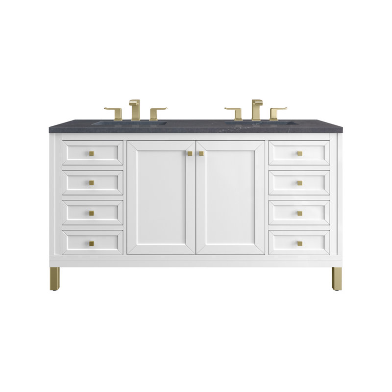 Chicago 60'' W Double Vanity, 8" Widespread, Charcoal Soapstone, Glossy White