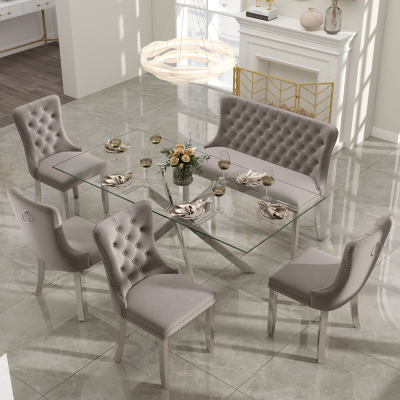 Luxury Dining Set with Hand-Tufted Velvet Bench & Chairs, 8mm Tempered Glass Table, Modern Furniture for Dining Area