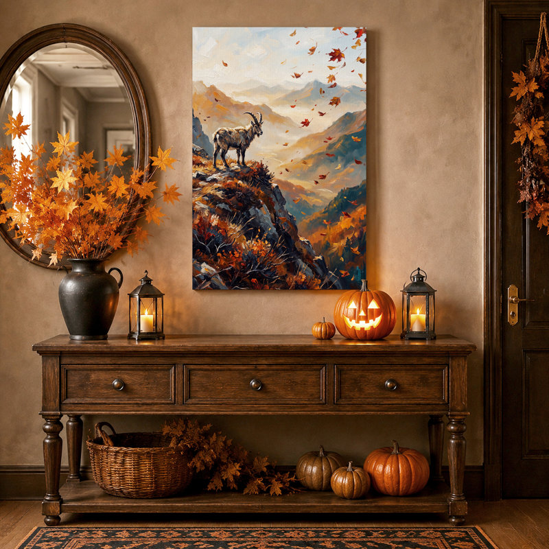 Chèvre de montagne sur une falaise rocheuse avec des feuilles mortes - Toile murale d'Halloween, 48"H x 36"W