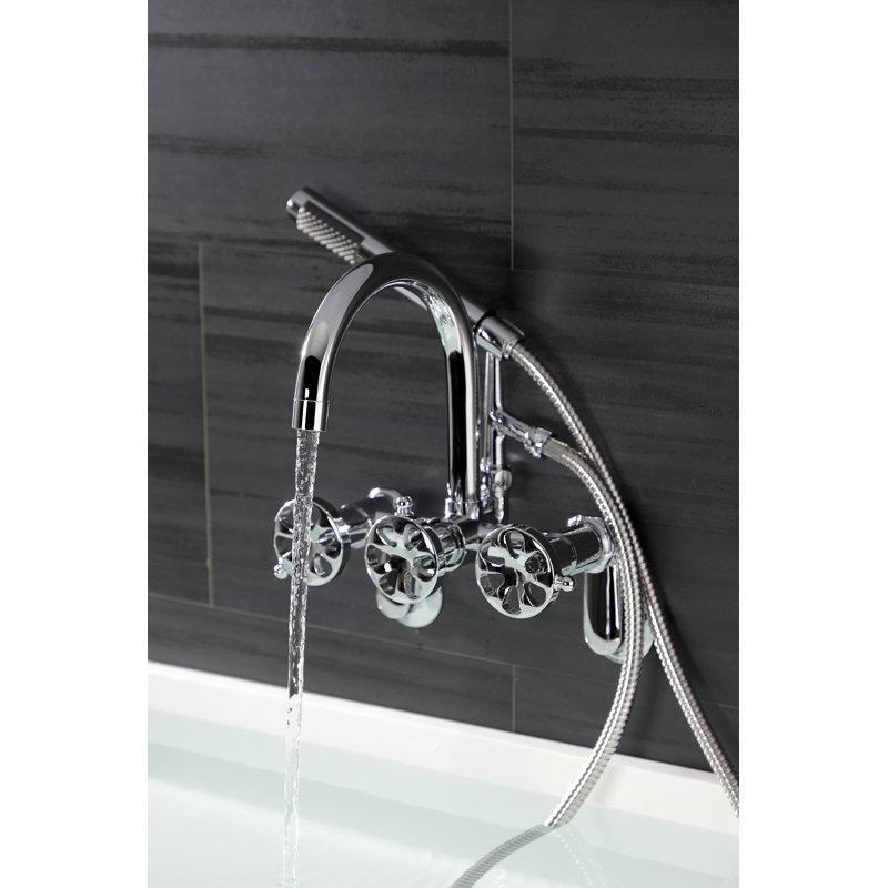 Kingston Brass Belknap Three-Handle 2-Hole Tub Wall Mount Clawfoot Tub Faucet with Hand Shower, Silver