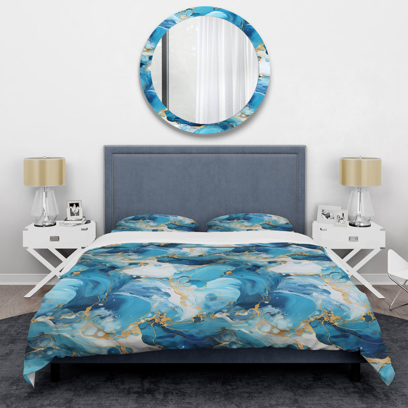 Ensemble de housse de couette en marbre Kaete Blue Oceanic Allure, Housse de couette pour grand lit et 2 taies décor