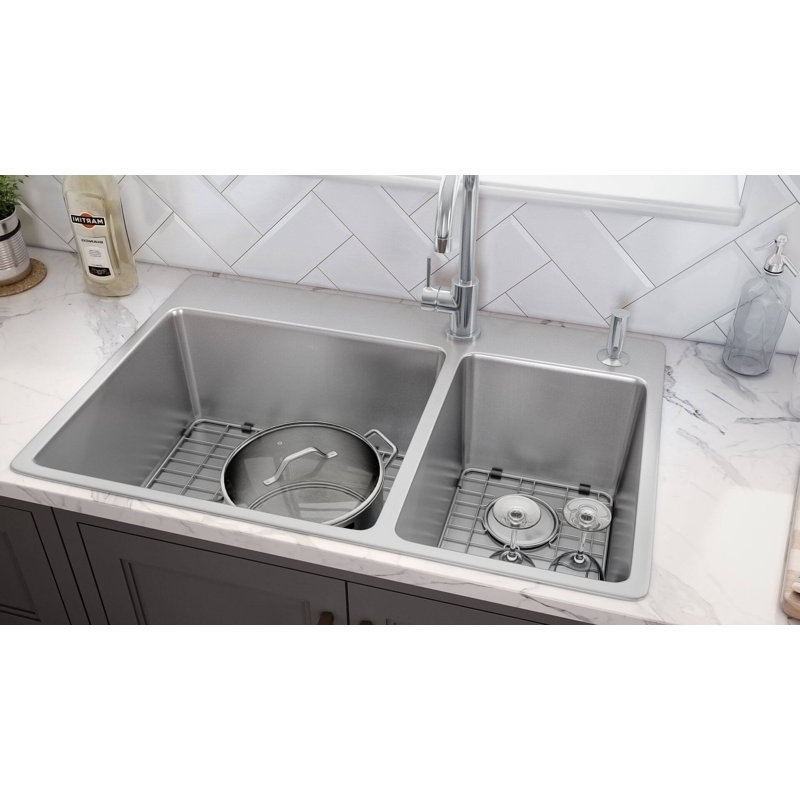 Ruvati 33 x 22 inch Drop-in Topmount Kitchen Sink 16 Gauge Stainless Steel, 70/30 Double Bowl