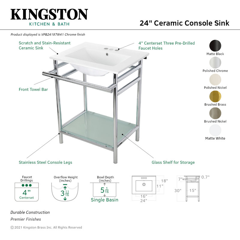 Kingston Brass Sheridan 24-Inch Ceramic Console Sink with Stainless Steel Legs and Glass Shelf (3-Hole), 4" Centers