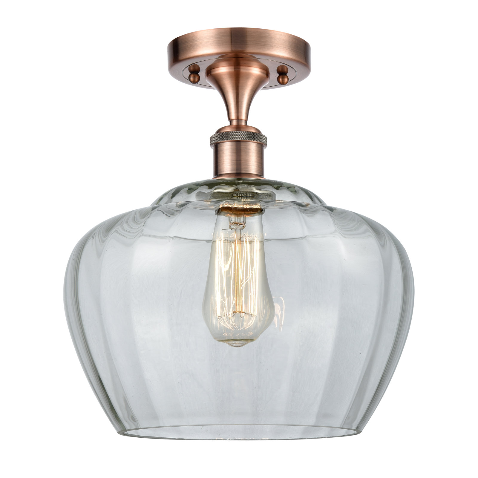 Renee Single Light Glass Semi Flush Mount, Clear, Antique Copper, 6 Watt Vintage LED Bulb