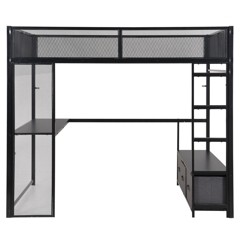 Lit mezzanine de jeu noir en métal pleine grandeur avec rangement à DEL, bureau, garde-robe ouverte et 3 tiroirs pour le rangement des nécessités quotidiennes