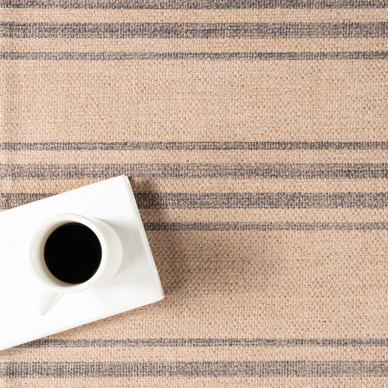 Natural Beige and Brown Striped Synthetic 9' x 12' Washable Area Rug