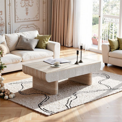 Table basse ovale moderne avec tiroir cannelé et plateau en faux marbre LIUNA