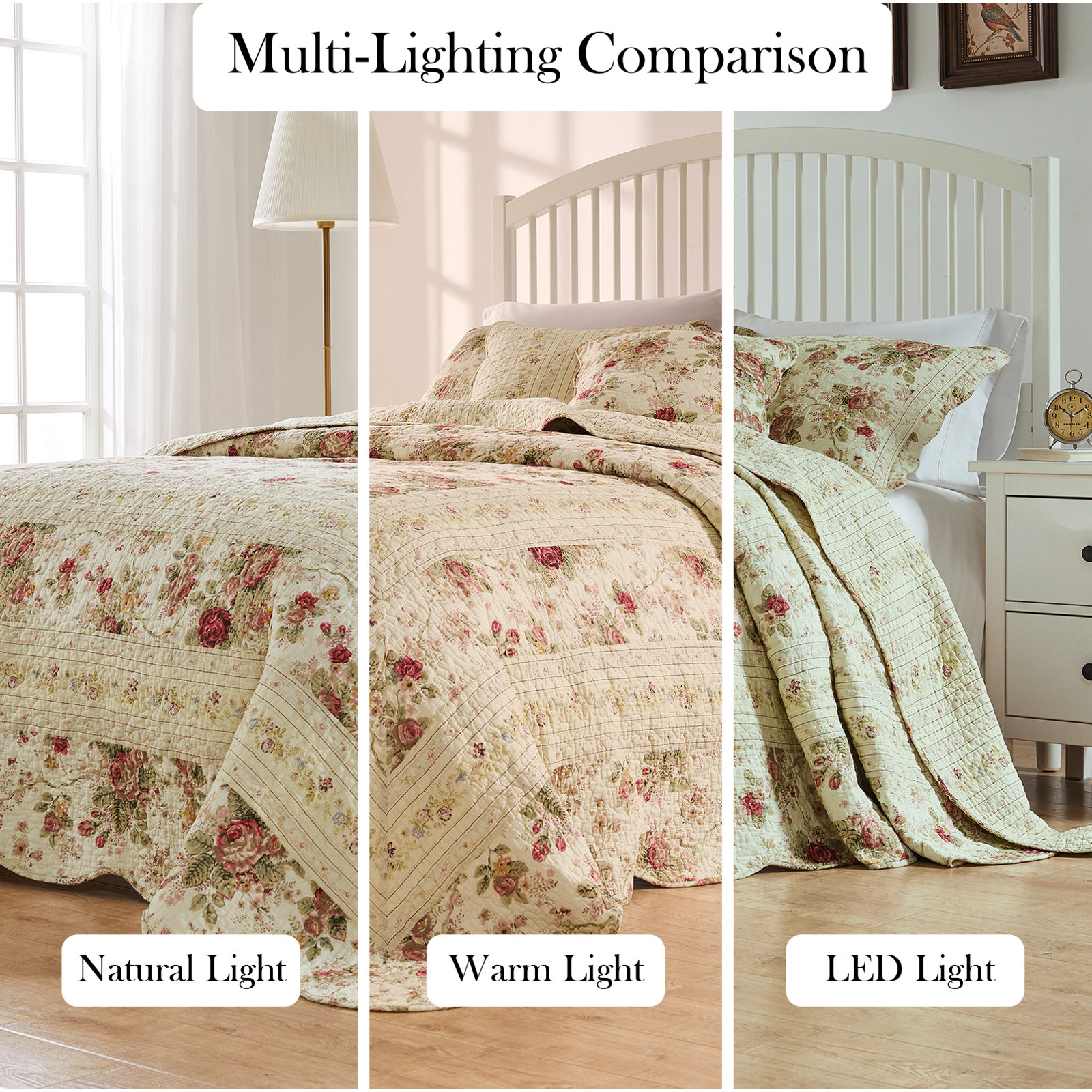 Antique Rose Cotton Quilt Set, Jumbo Queen Set Quilt + 2 Standard Shams, Ecru