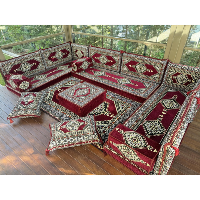 Canapé modulaire avec coussins Ethnique Kilim, Rouge vin