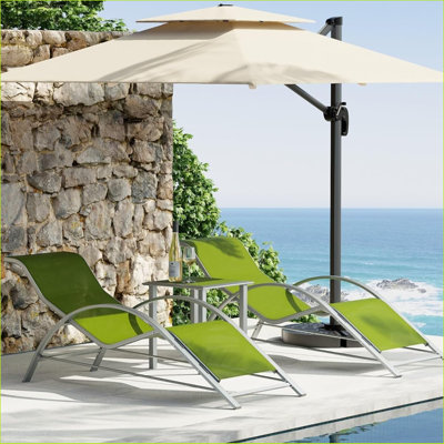 Ensemble de 3 chaises longues d'extérieur inclinables pour le patio avec dossier - chaises longues en osier toutes saisons avec tables d'appoint et porte-gobelets, coussins imperméables pour la piscine, la plage, la terrasse et le balcon