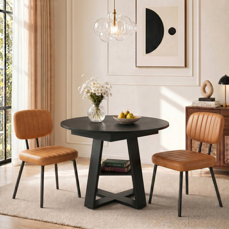 Aura Round Extendable Modern Kitchen Dining Table Set With Dining Chair, 3 Pieces: Table, 2 Chairs, Black, Brown