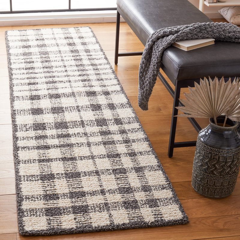 Tapis ivoire / noir touffeté à la main Plaid, Tapis de couloir 2 pi 3 po x 6 pi