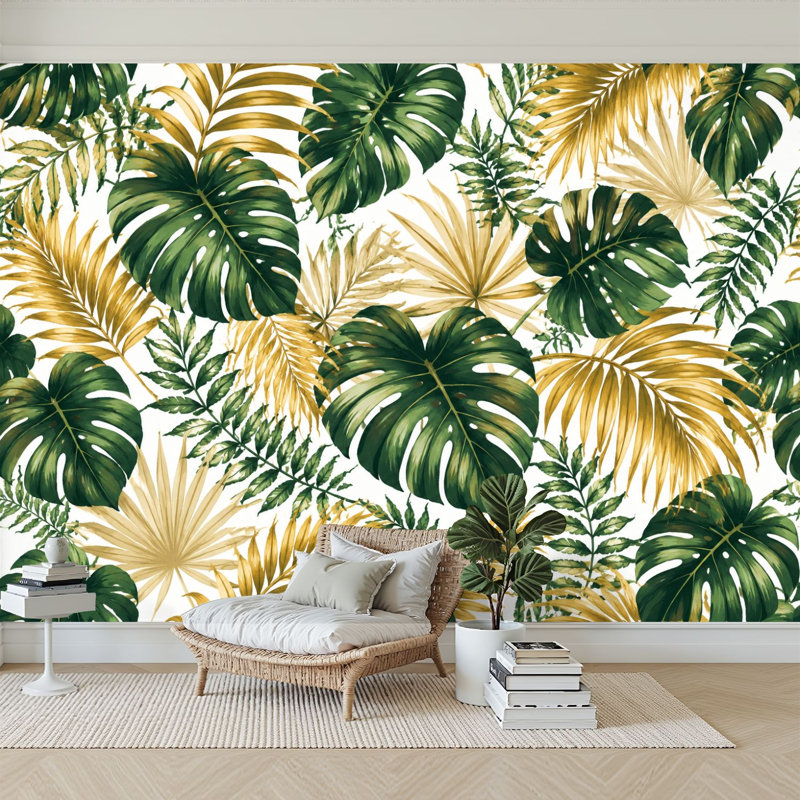 Papier peint adhésif auto-adhésif moderne pour la chambre à coucher Peel and Stick L 69 po x l 96 po avec feuilles tropicales dorées