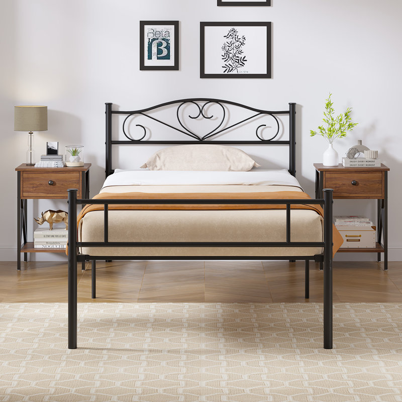 3-Pieces Bedroom Set, Metal Platform Bed Frame With Headboard And 2 Nightstand, Steel Slats Support, Easy To Assemble