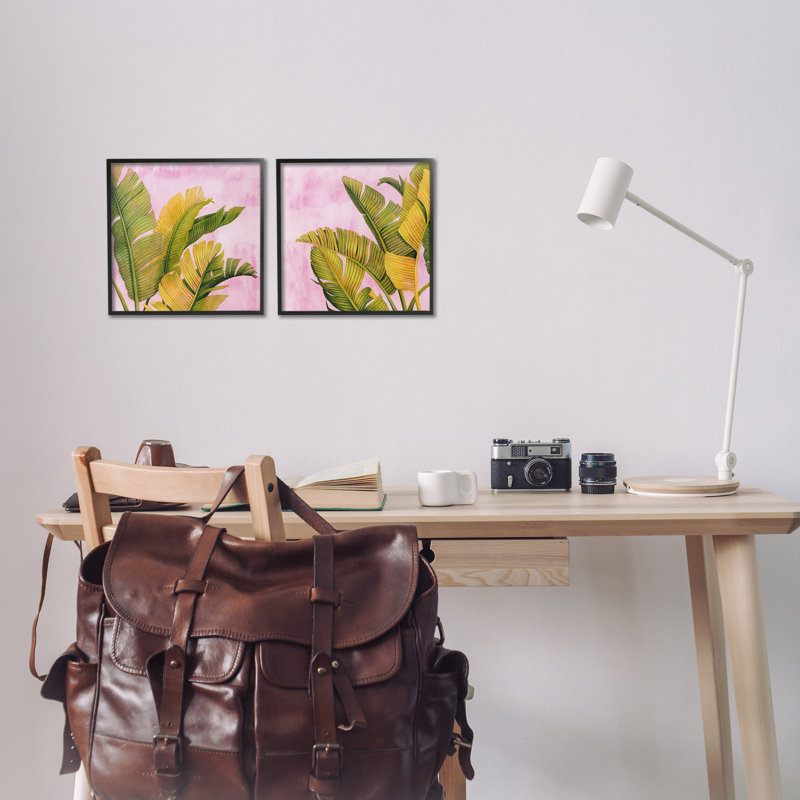 «Pink & Palms Leaves», ensemble de 2 giclées par Grace Popp, H 12 po x l 12 po, Giclée encadrée noir minuit