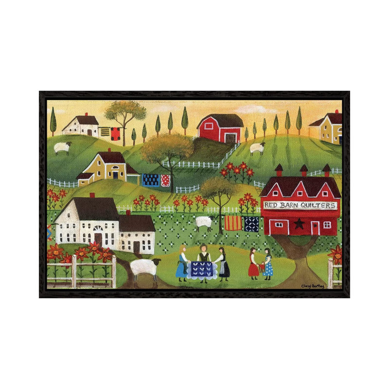 Red Barn Quilters by Cheryl Bartley - Painting on Canvas, 45.72cm H x 66.04cm W x 3.81cm D, Black Framed