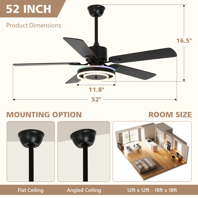 52-Inch Modern Farmhouse Ceiling Fan with Light and Remote, 5 Reversible Blades , 6-Speed Quiet DC Motor Fandelier for Living Room, Bedroom, and Dining Room