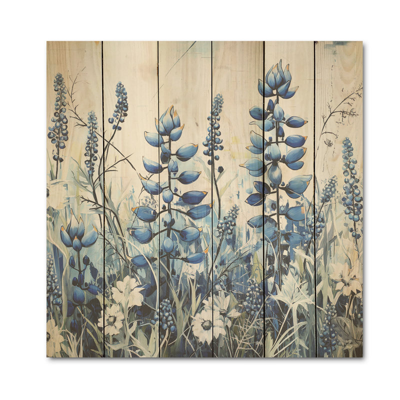 Blue Bonnets Floral Collage I - Blue Bonnets, art mural sur bois de pin naturel, H 25 po x l 25 po
