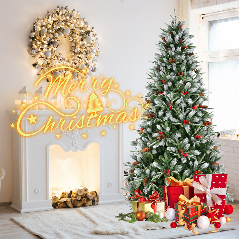 Arbre de Noël avec 1131 pointes, baies rouges, pommes de pin, conception à charnières pour une installation facile, H 5 pi