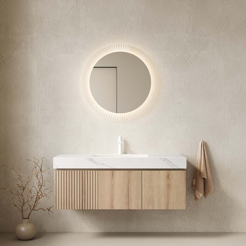 Meuble-lavabo flottant avec plateau en pierre frittée et rangement à fermeture en douceur, Blanc de Carrare, Chêne blanc
