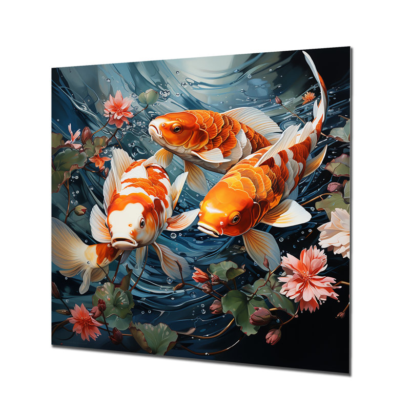 «Orange Tranquil Koi Pond Oasis», art mural chinois en métal, H 36 po x l 36 po