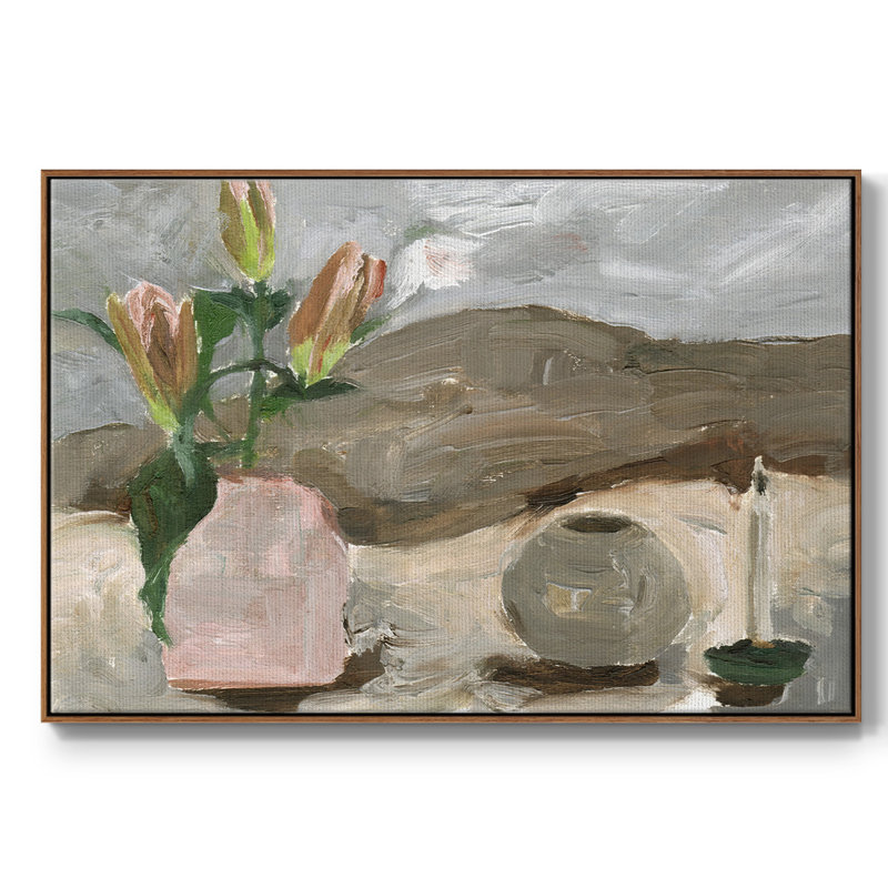 Vase de fleurs roses en V - imprimé, H 27 po x l 41 po x P 2 po, Toile encadrée noyer flottant