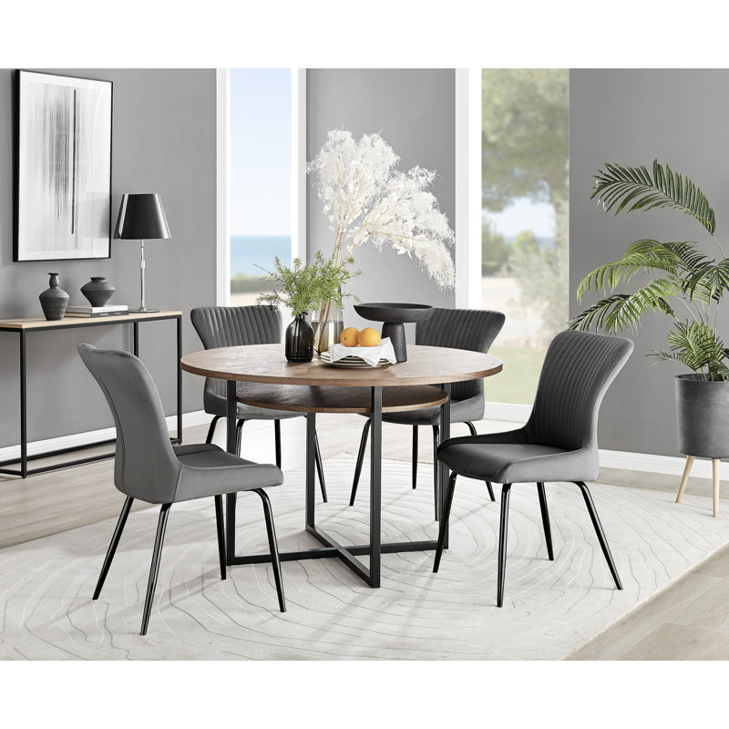 Round Wood Effect Dining Table With Storage Shelf & 4 Velvet Dining Chairs, Dark Grey/Black