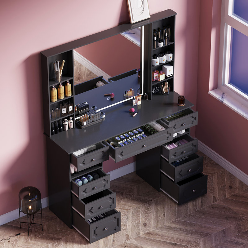 Makeup Vanity Desk With Lighted Mirror, Vanity Table With 9 Drawers And Cabinets, Large Hd Mirror Dressing Table, Brightness Adjustable, Storage Shelves & Stool For Bedroom, 47" W (black-b)