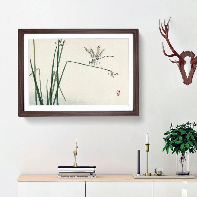 Blue Dragonfly by Kono Bairei - Picture Frame Painting Print on MDF, Walnut Framed, 36cm H x 48cm W x 2cm D